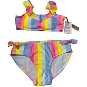 Justice Girls Size XL 16/18 Rainbow Striped Bikini Set With Ruffle Accent & Bow-